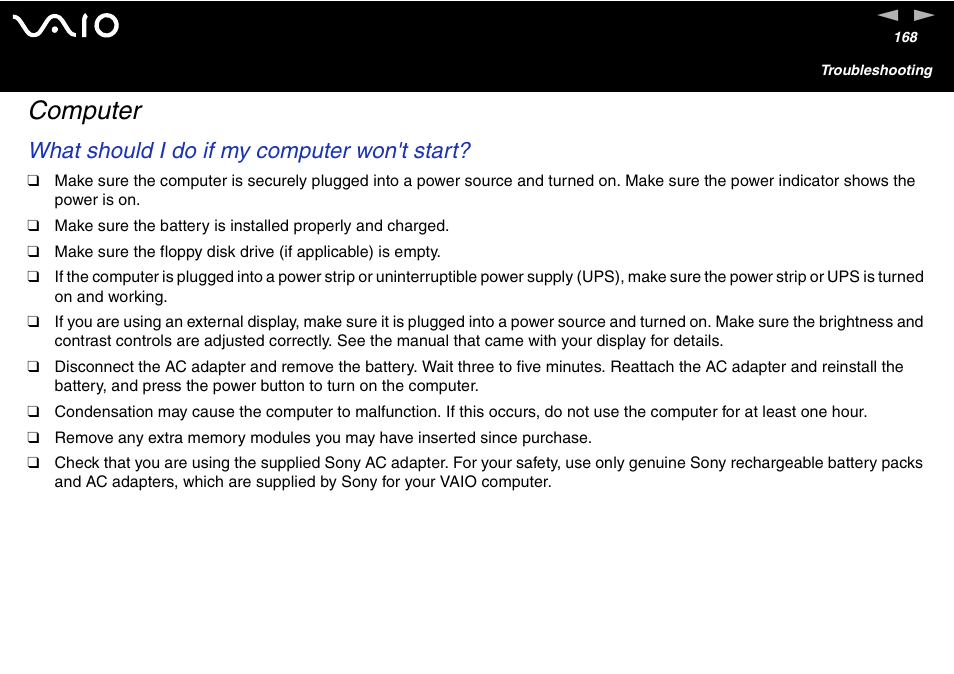 Computer, What should i do if my computer won't start | Sony VAIO VGN-A700 User Manual | Page 168 / 216