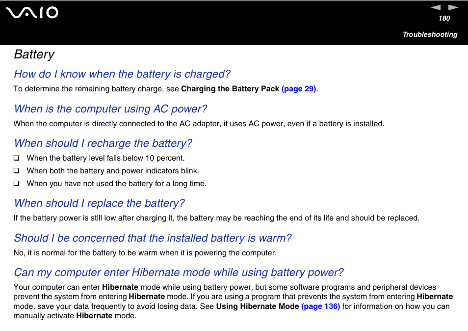 Battery, How do i know when the battery is charged, When is the computer using ac power | When should i recharge the battery, When should i replace the battery | Sony VAIO VGN-A700 User Manual | Page 180 / 216