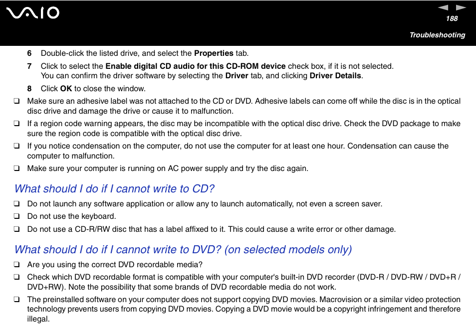 What should i do if i cannot write to cd | Sony VAIO VGN-A700 User Manual | Page 188 / 216