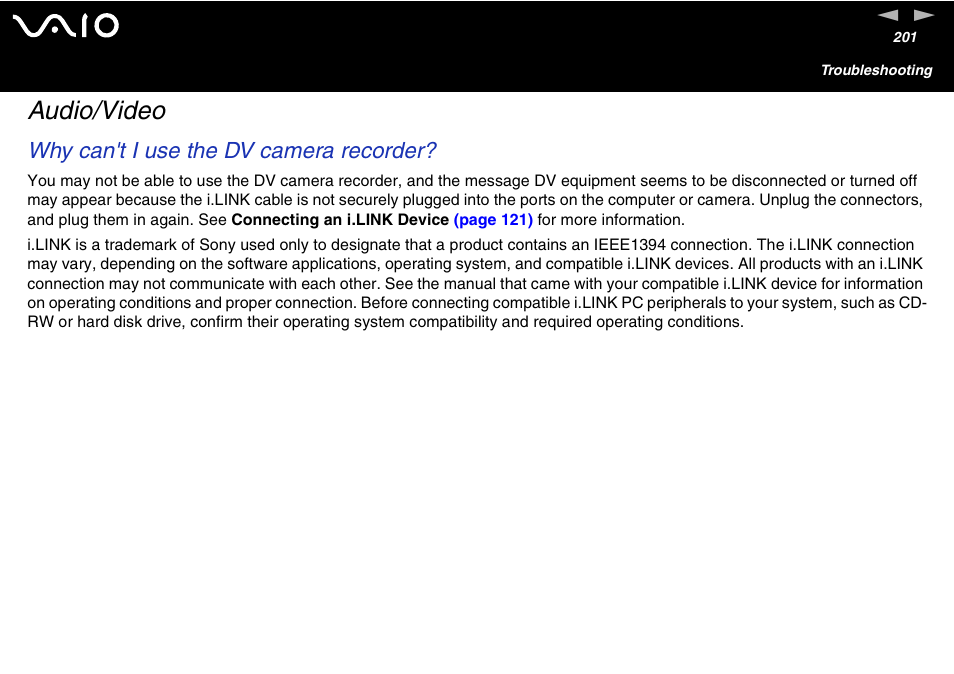 Audio/video, Why can't i use the dv camera recorder | Sony VAIO VGN-A700 User Manual | Page 201 / 216