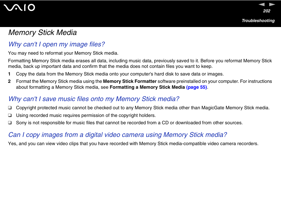 Memory stick media, Why can't i open my image files | Sony VAIO VGN-A700 User Manual | Page 202 / 216