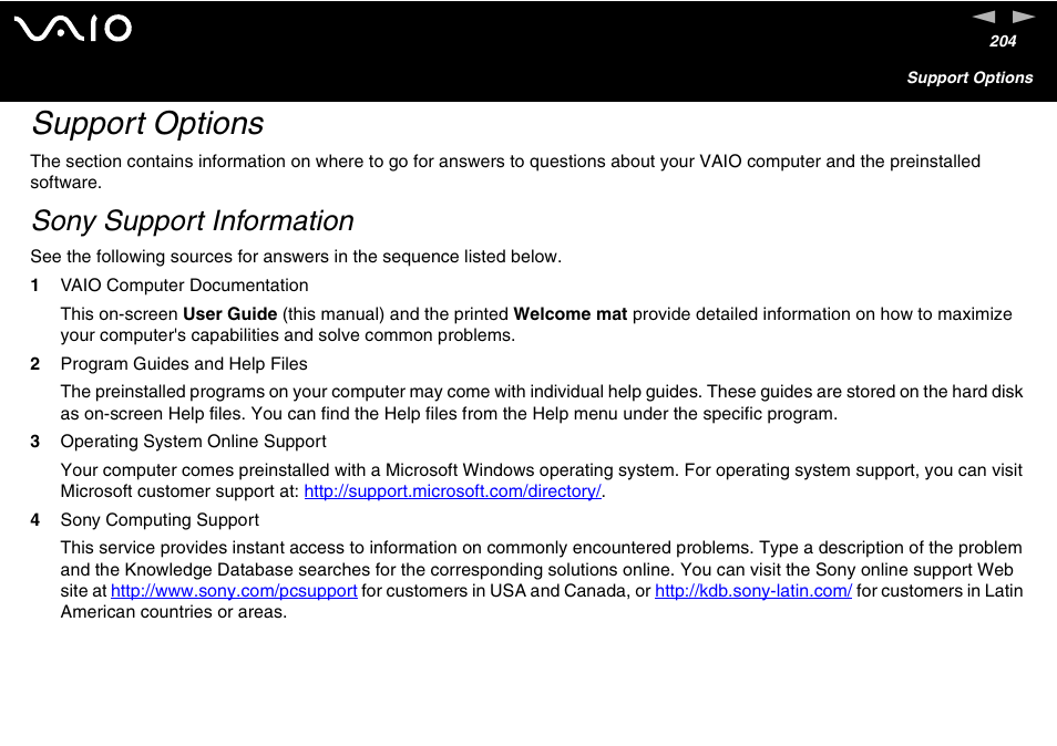 Support options, Sony support information | Sony VAIO VGN-A700 User Manual | Page 204 / 216