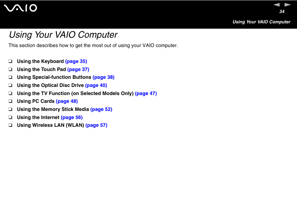 Using your vaio computer | Sony VAIO VGN-A700 User Manual | Page 34 / 216