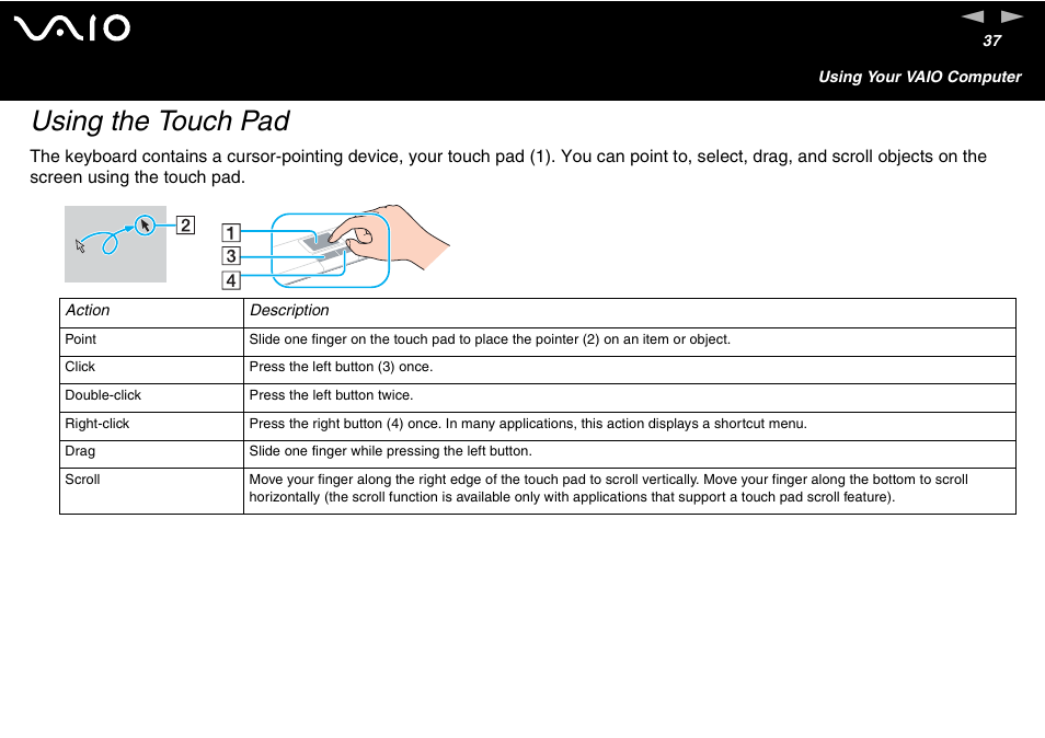 Using the touch pad | Sony VAIO VGN-A700 User Manual | Page 37 / 216