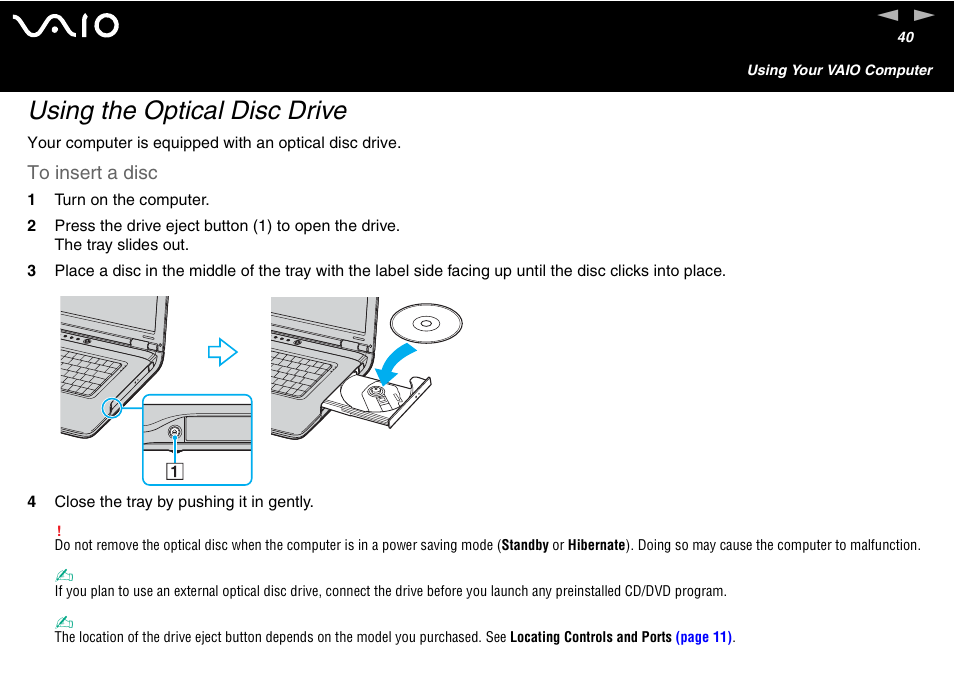 Using the optical disc drive | Sony VAIO VGN-A700 User Manual | Page 40 / 216