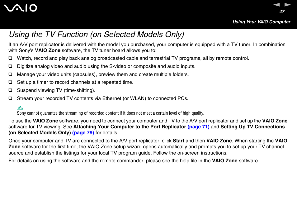 Using the tv function (on selected models only) | Sony VAIO VGN-A700 User Manual | Page 47 / 216