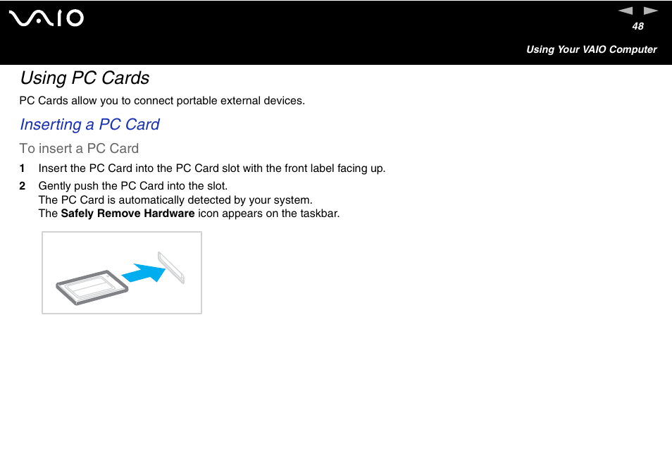 Using pc cards, Inserting a pc card | Sony VAIO VGN-A700 User Manual | Page 48 / 216