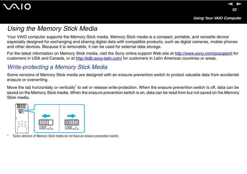 Using the memory stick media | Sony VAIO VGN-A700 User Manual | Page 52 / 216