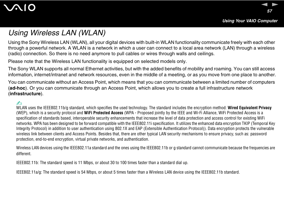 Using wireless lan (wlan), Lan) | Sony VAIO VGN-A700 User Manual | Page 57 / 216