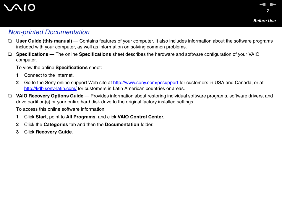 Non-printed documentation | Sony VAIO VGN-A700 User Manual | Page 7 / 216