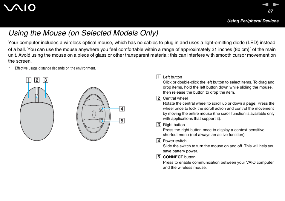 Using the mouse (on selected models only) | Sony VAIO VGN-A700 User Manual | Page 87 / 216