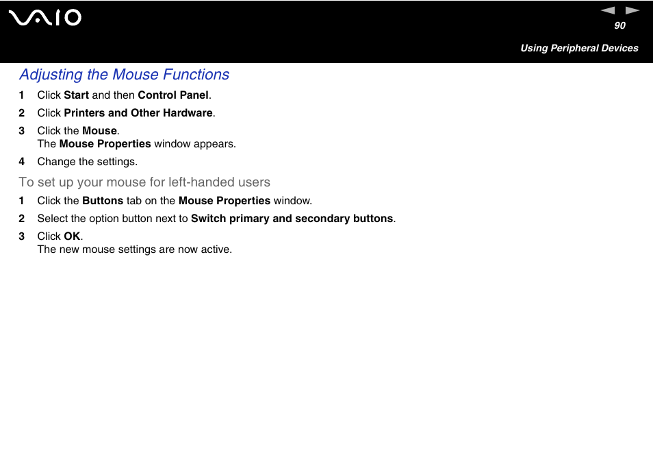 Adjusting the mouse functions | Sony VAIO VGN-A700 User Manual | Page 90 / 216