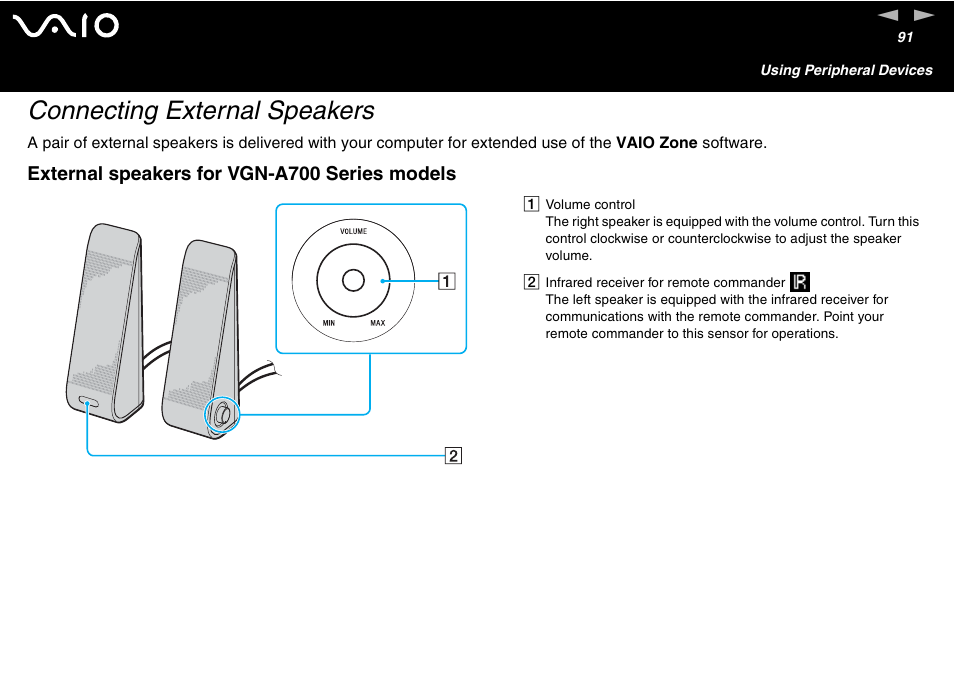 Connecting external speakers, External speakers for vgn-a700 series models | Sony VAIO VGN-A700 User Manual | Page 91 / 216