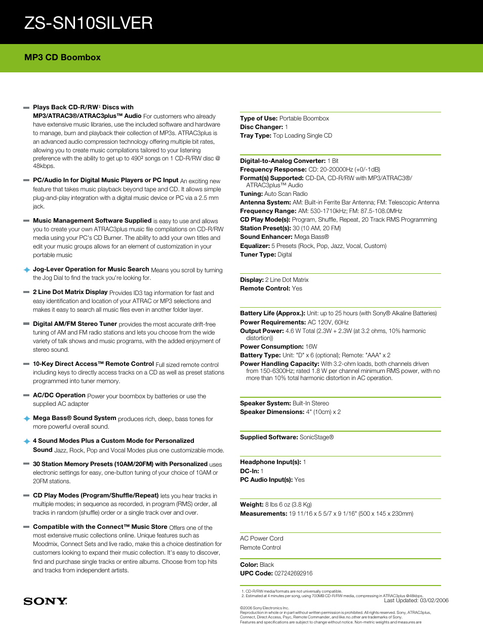 Zs-sn10silver, Mp3 cd boombox, Features | Specifications | Sony ZS-SN10 User Manual | Page 2 / 2