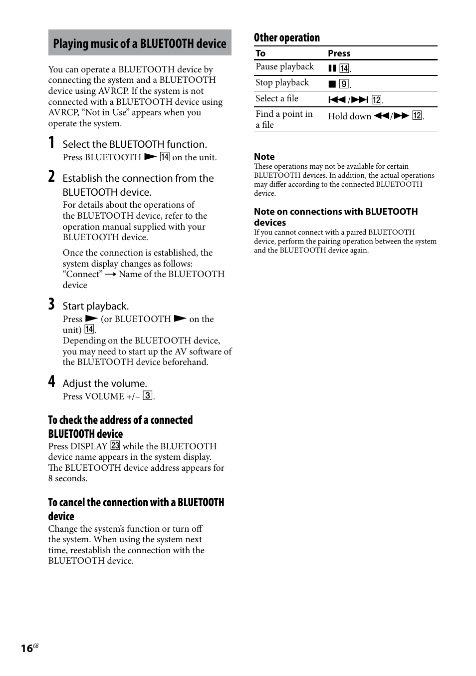 Playing music of a bluetooth device, Other operation | Sony CMT-U1BT User Manual | Page 16 / 36