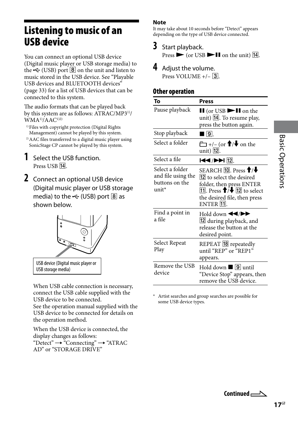 Listening to music of an usb device, Basic oper ations, Other operation | Sony CMT-U1BT User Manual | Page 17 / 36
