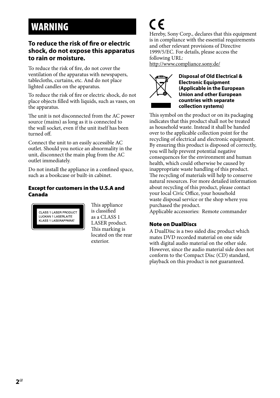 Warning | Sony CMT-U1BT User Manual | Page 2 / 36