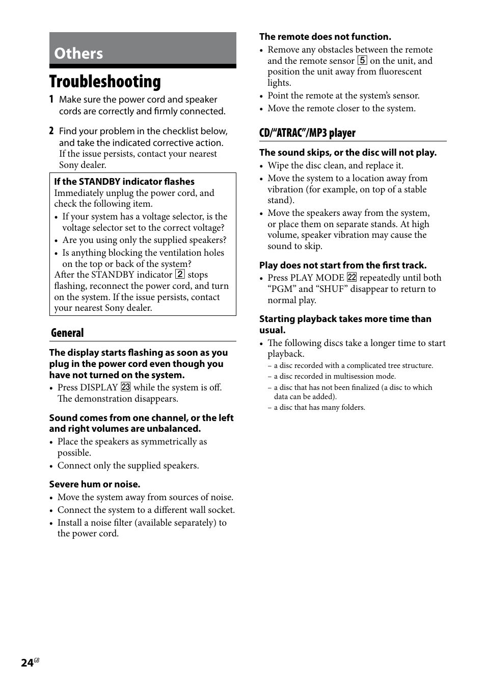 Others, Troubleshooting, General | Cd/“atrac”/mp3 player | Sony CMT-U1BT User Manual | Page 24 / 36