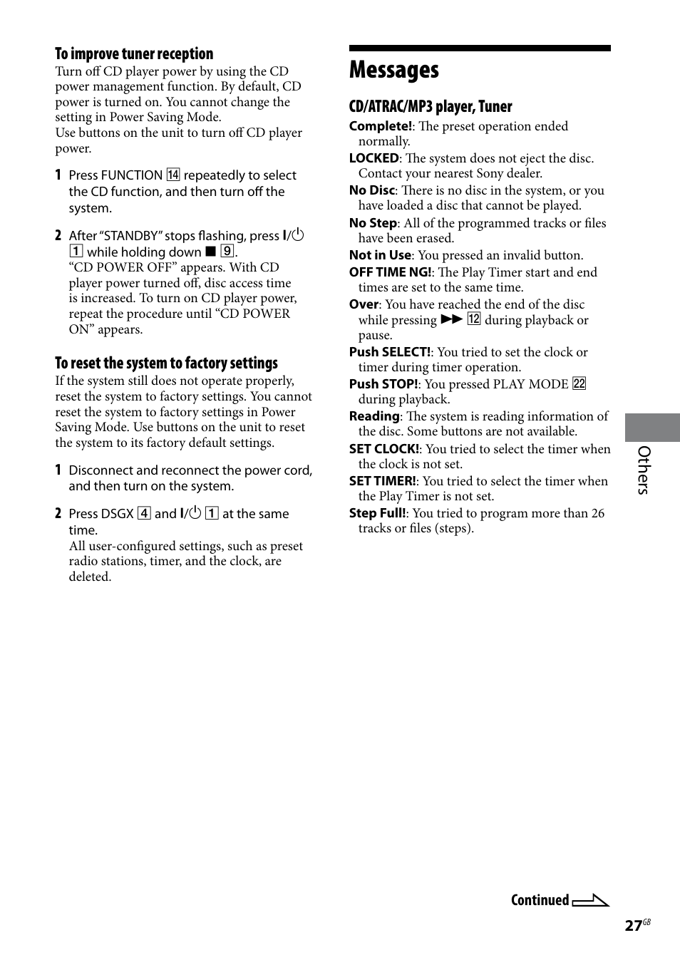 Messages, Others, Cd/atrac/mp3 player, tuner | Sony CMT-U1BT User Manual | Page 27 / 36
