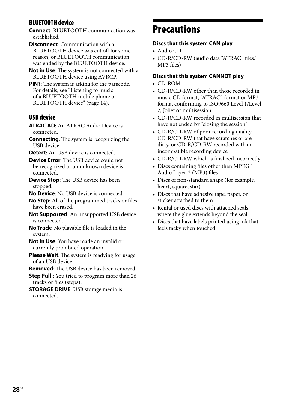 Precautions, Bluetooth device, Usb device | Sony CMT-U1BT User Manual | Page 28 / 36