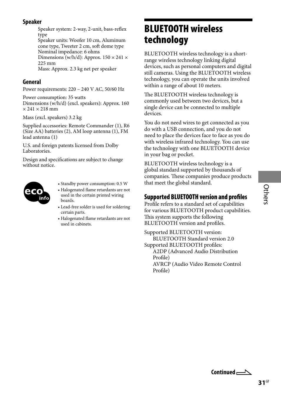 Bluetooth wireless technology, Others, Supported bluetooth version and profiles | Sony CMT-U1BT User Manual | Page 31 / 36