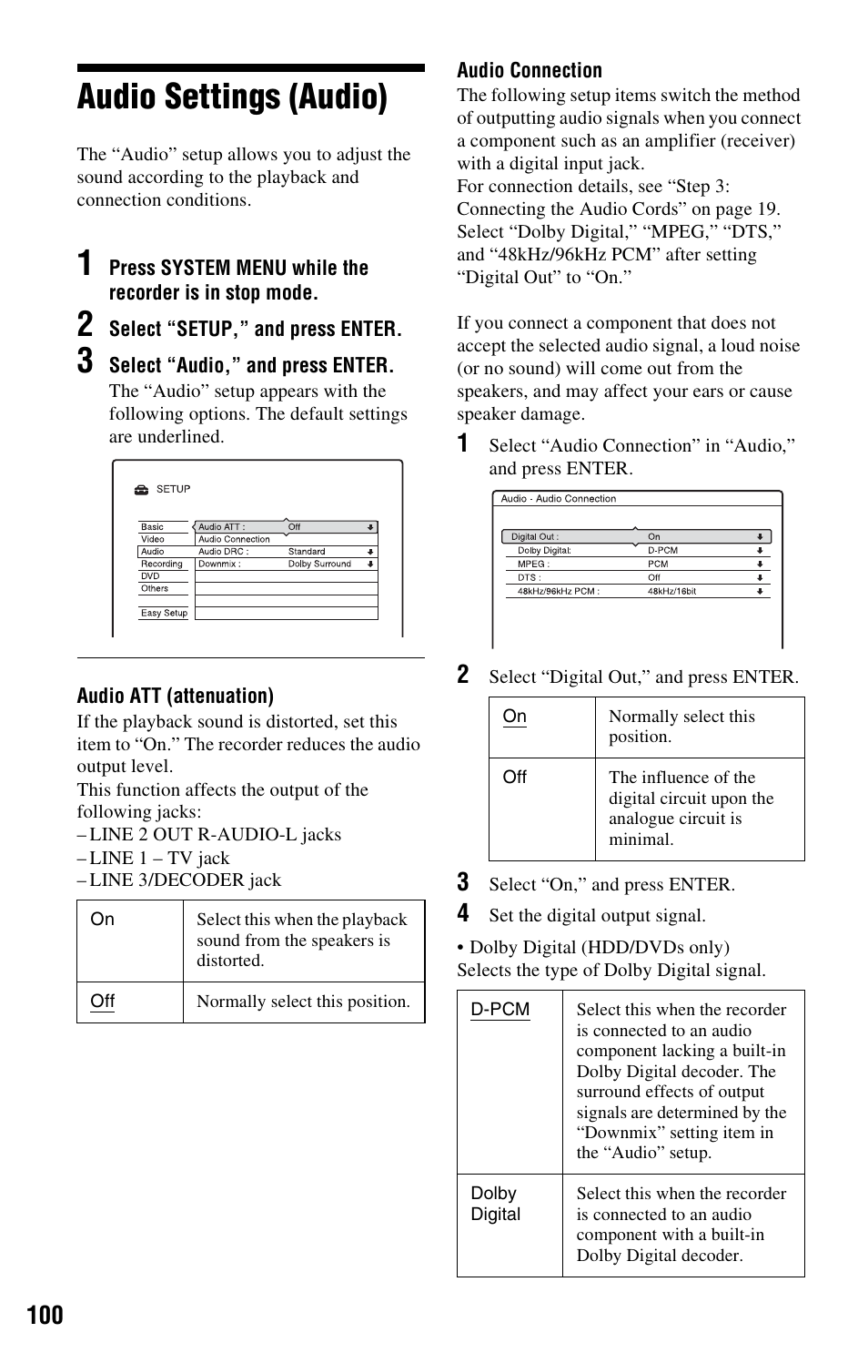 Audio settings (audio), Contains dts | Sony RDR-HX525 User Manual | Page 100 / 124