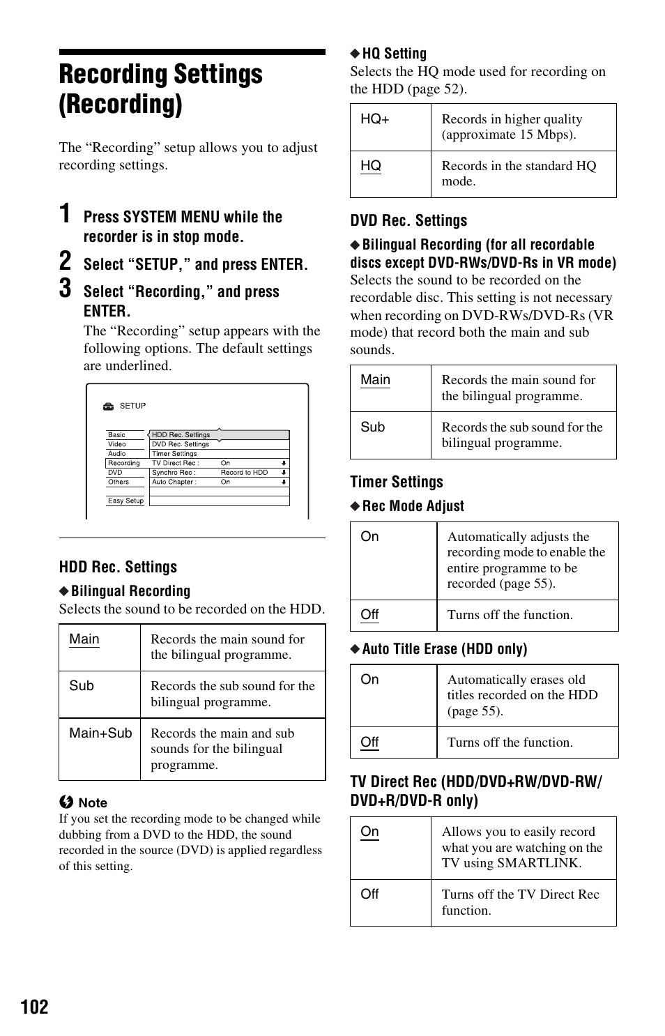 Recording settings (recording) | Sony RDR-HX525 User Manual | Page 102 / 124