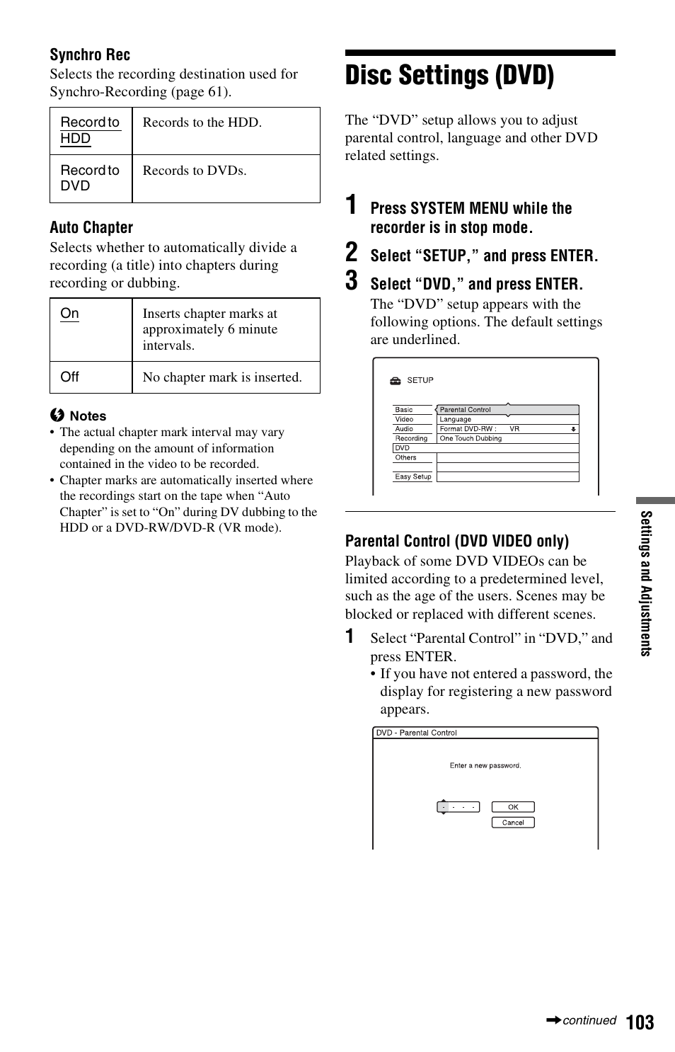 Disc settings (dvd) | Sony RDR-HX525 User Manual | Page 103 / 124