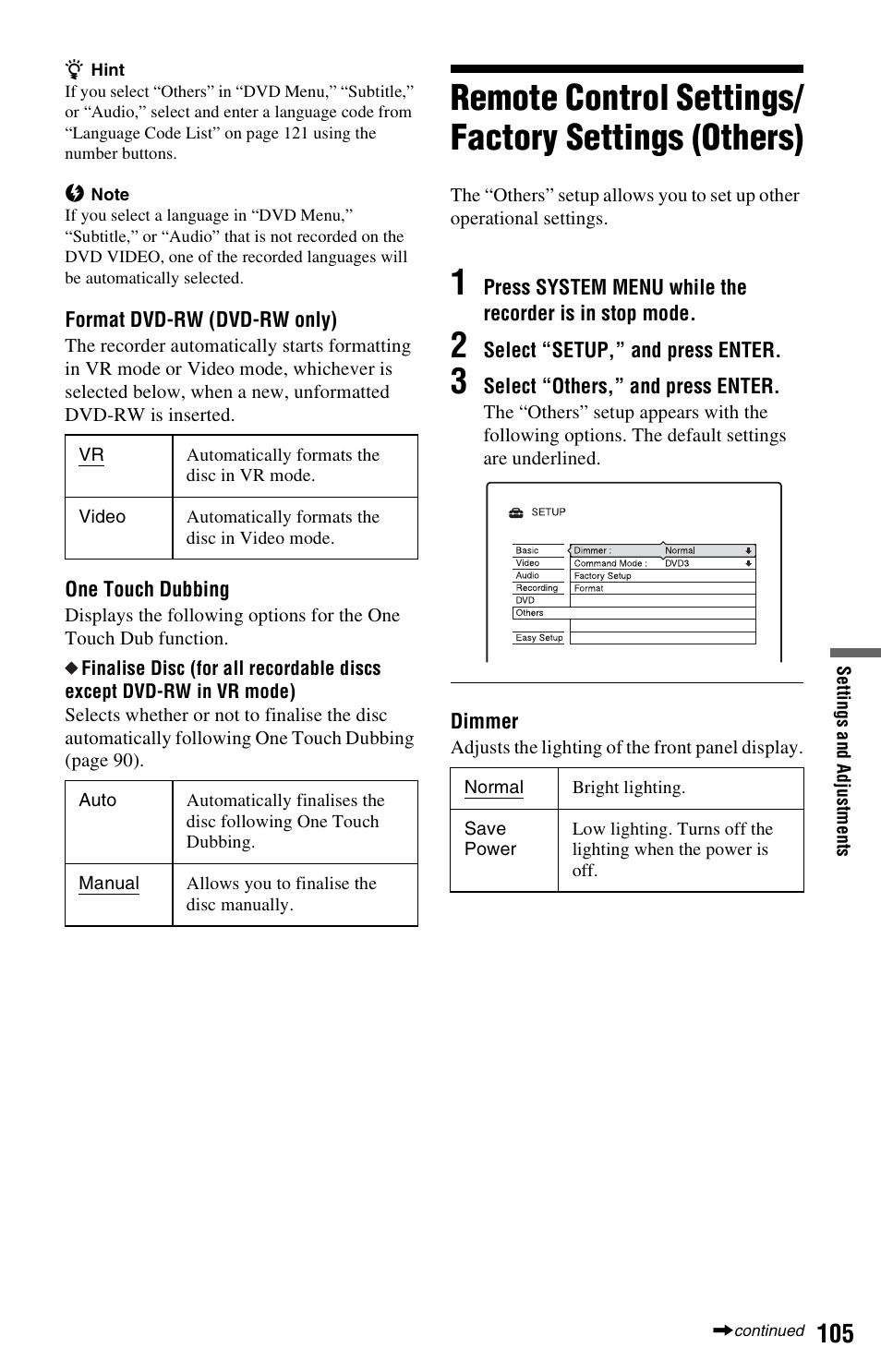 Remote control settings/ factory settings (others), Remote control settings/factory settings (others), Nd one touch ep | Sony RDR-HX525 User Manual | Page 105 / 124