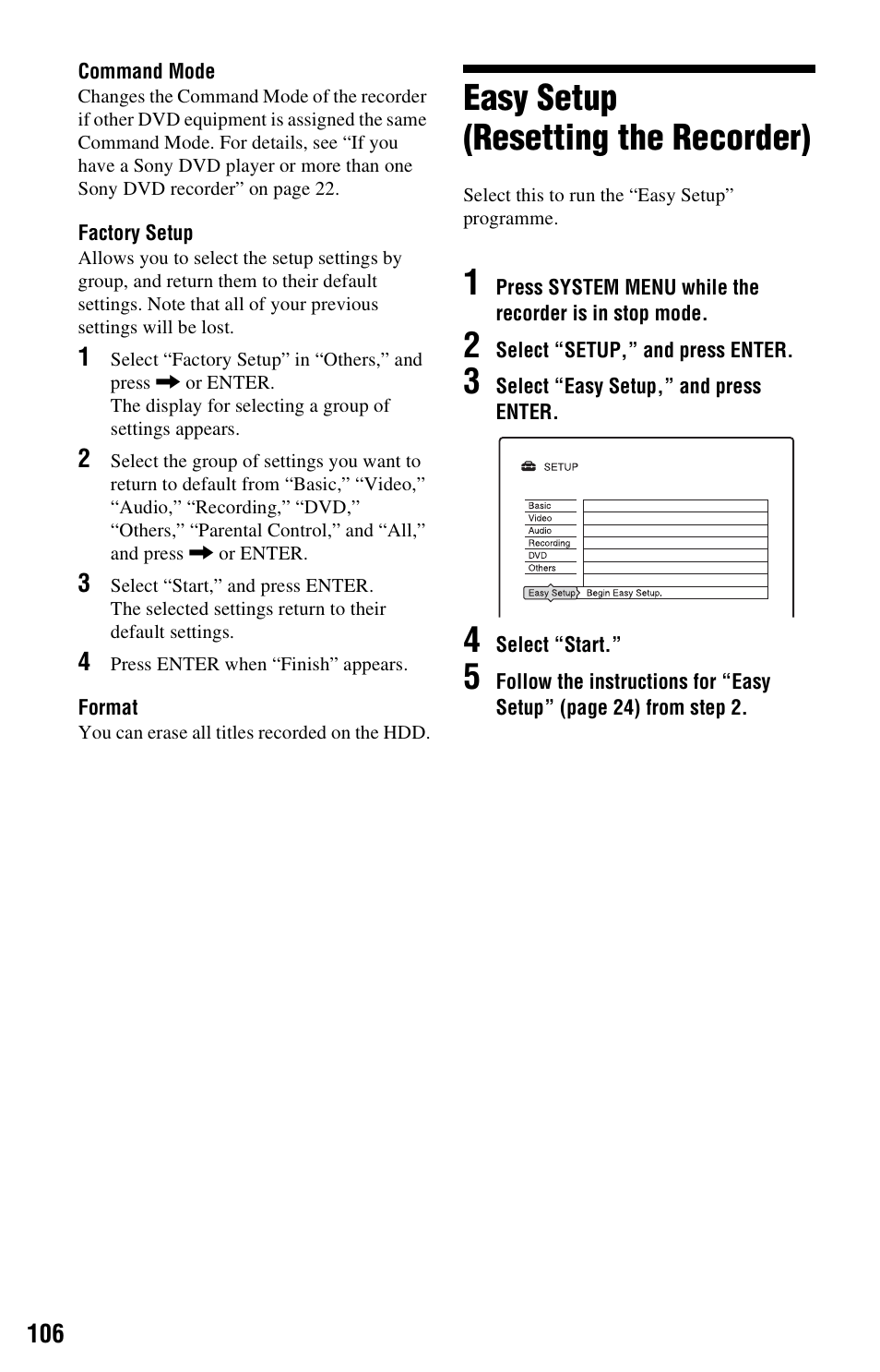 Easy setup (resetting the recorder) | Sony RDR-HX525 User Manual | Page 106 / 124