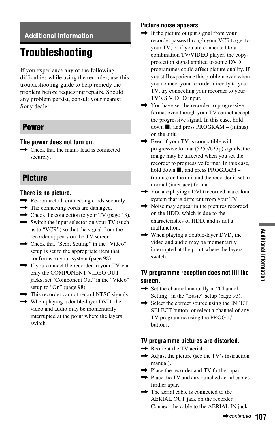 Additional information, Troubleshooting, Power picture | Sony RDR-HX525 User Manual | Page 107 / 124