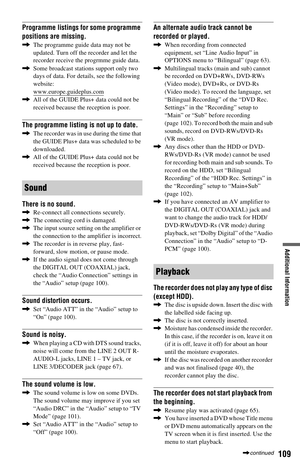 Sound playback | Sony RDR-HX525 User Manual | Page 109 / 124