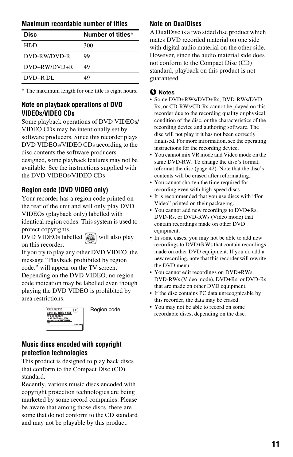 Sony RDR-HX525 User Manual | Page 11 / 124