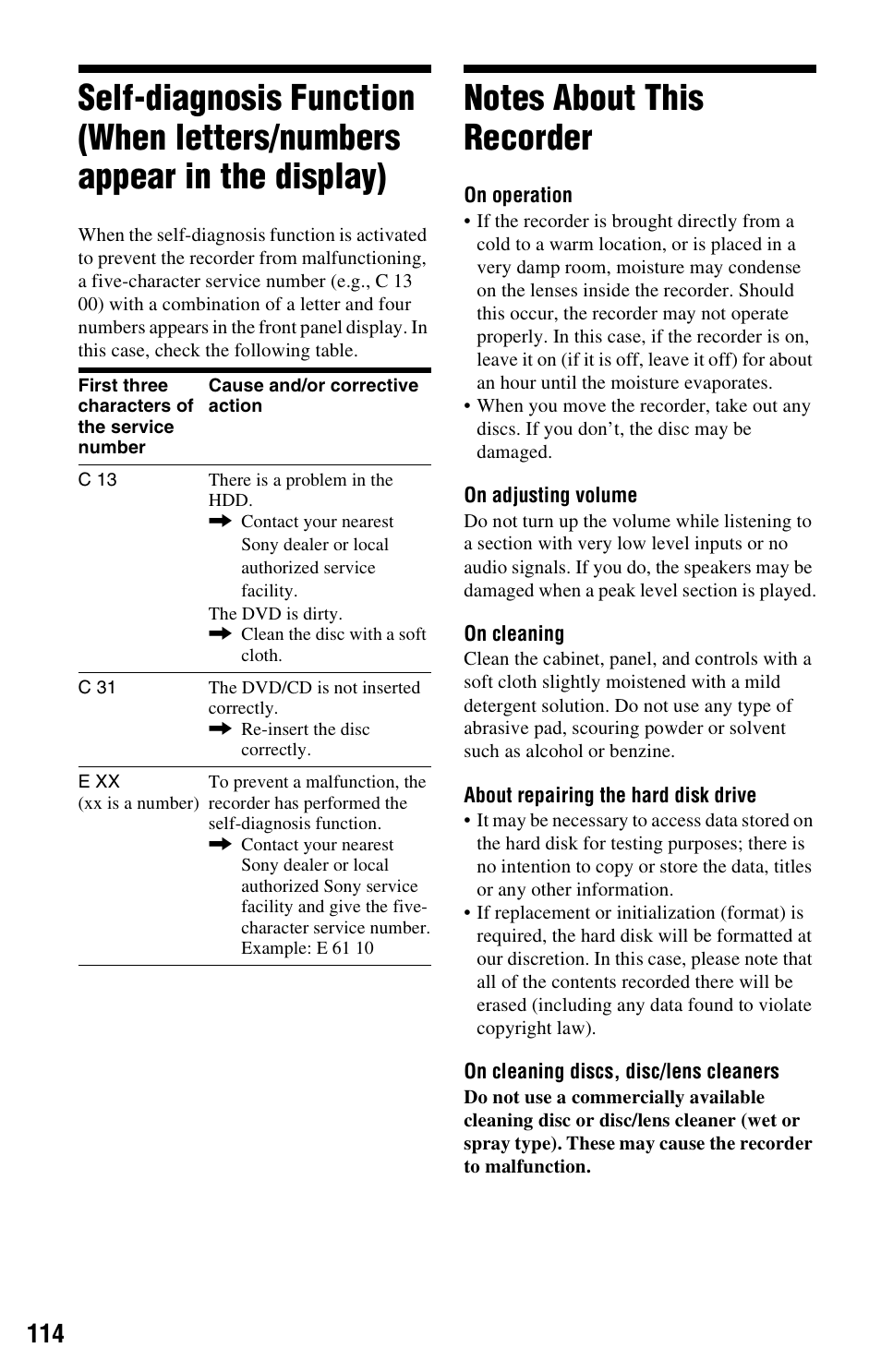 Notes about this recorder | Sony RDR-HX525 User Manual | Page 114 / 124