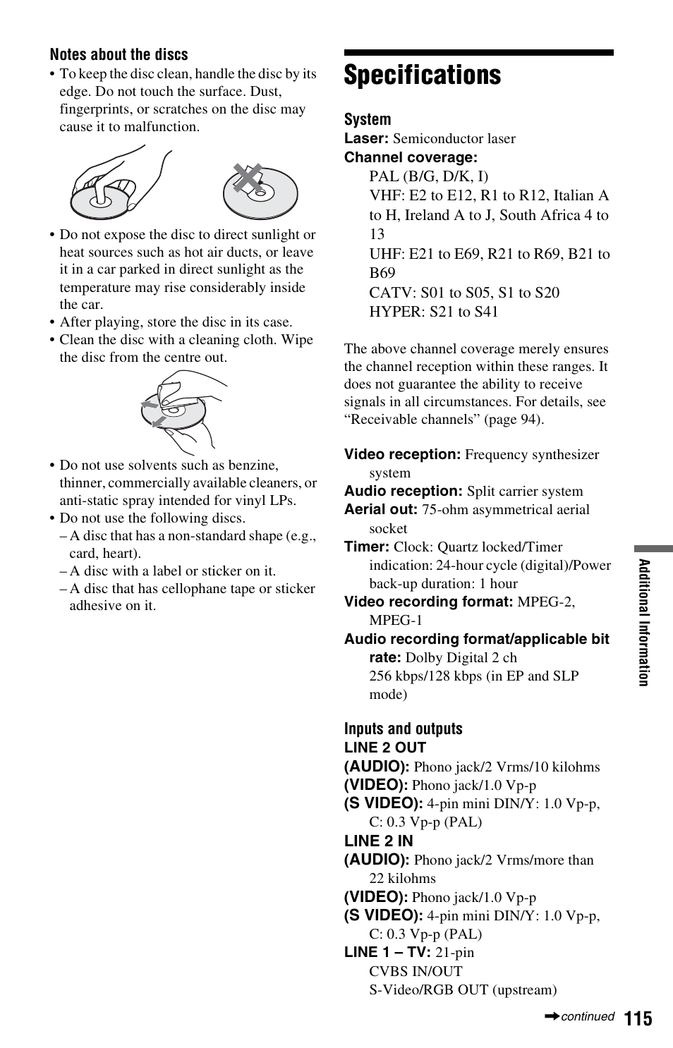 Specifications | Sony RDR-HX525 User Manual | Page 115 / 124