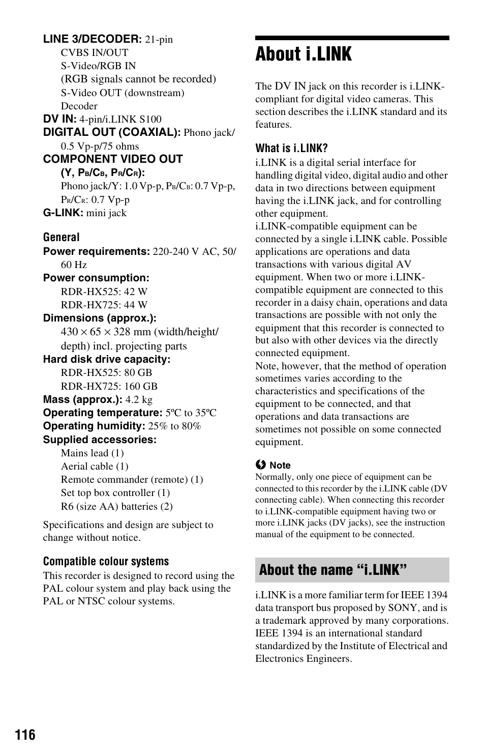 About i.link, About the name “i.link | Sony RDR-HX525 User Manual | Page 116 / 124