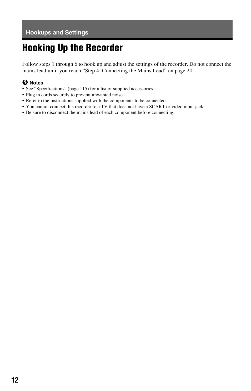 Hookups and settings, Hooking up the recorder | Sony RDR-HX525 User Manual | Page 12 / 124