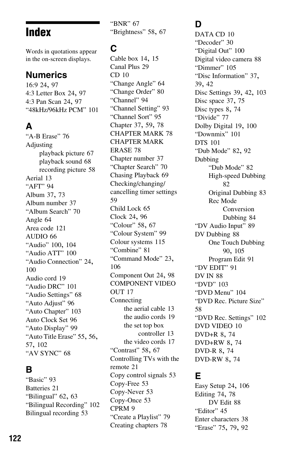 Index, Numerics | Sony RDR-HX525 User Manual | Page 122 / 124