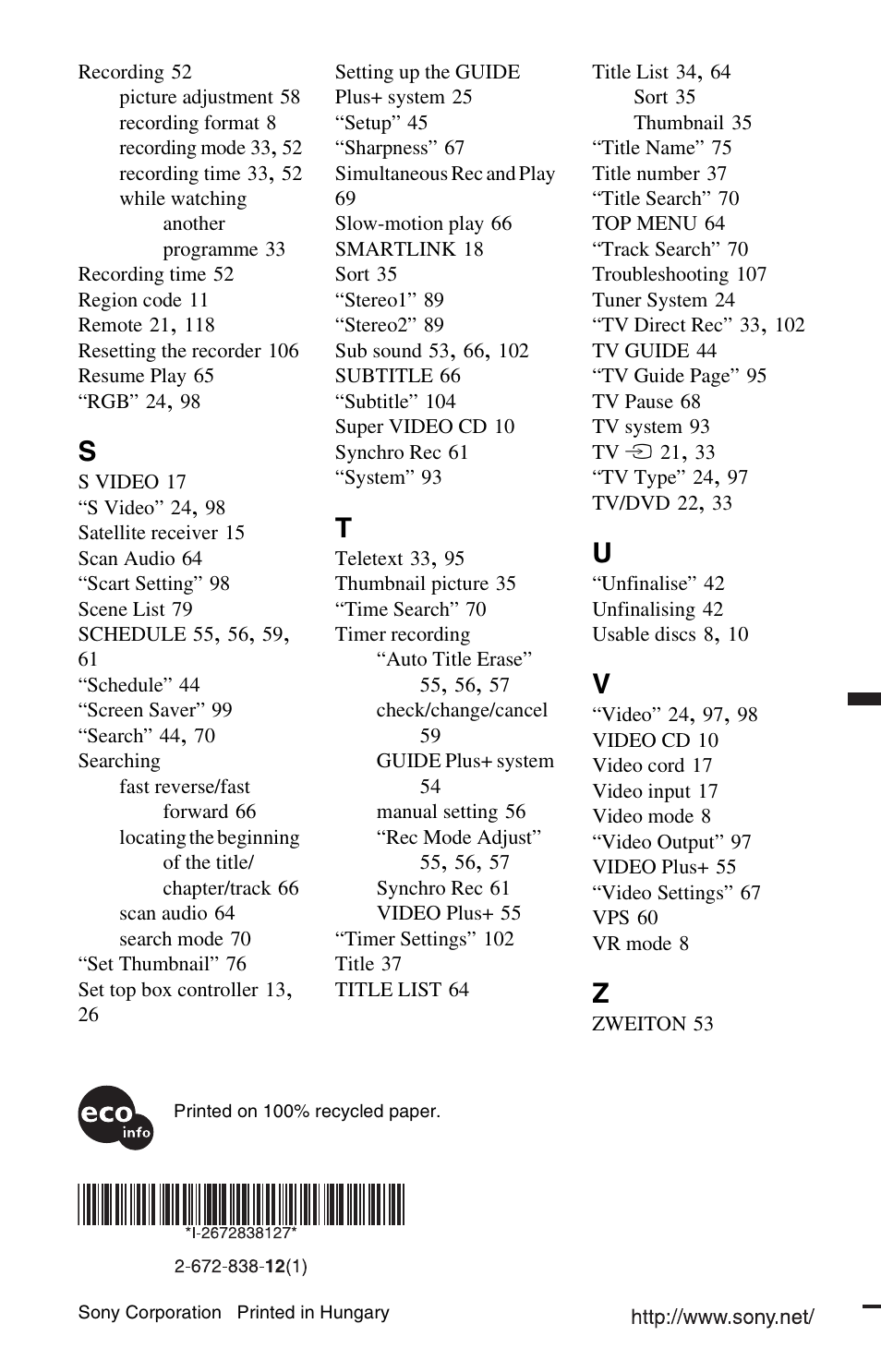 Sony RDR-HX525 User Manual | Page 124 / 124