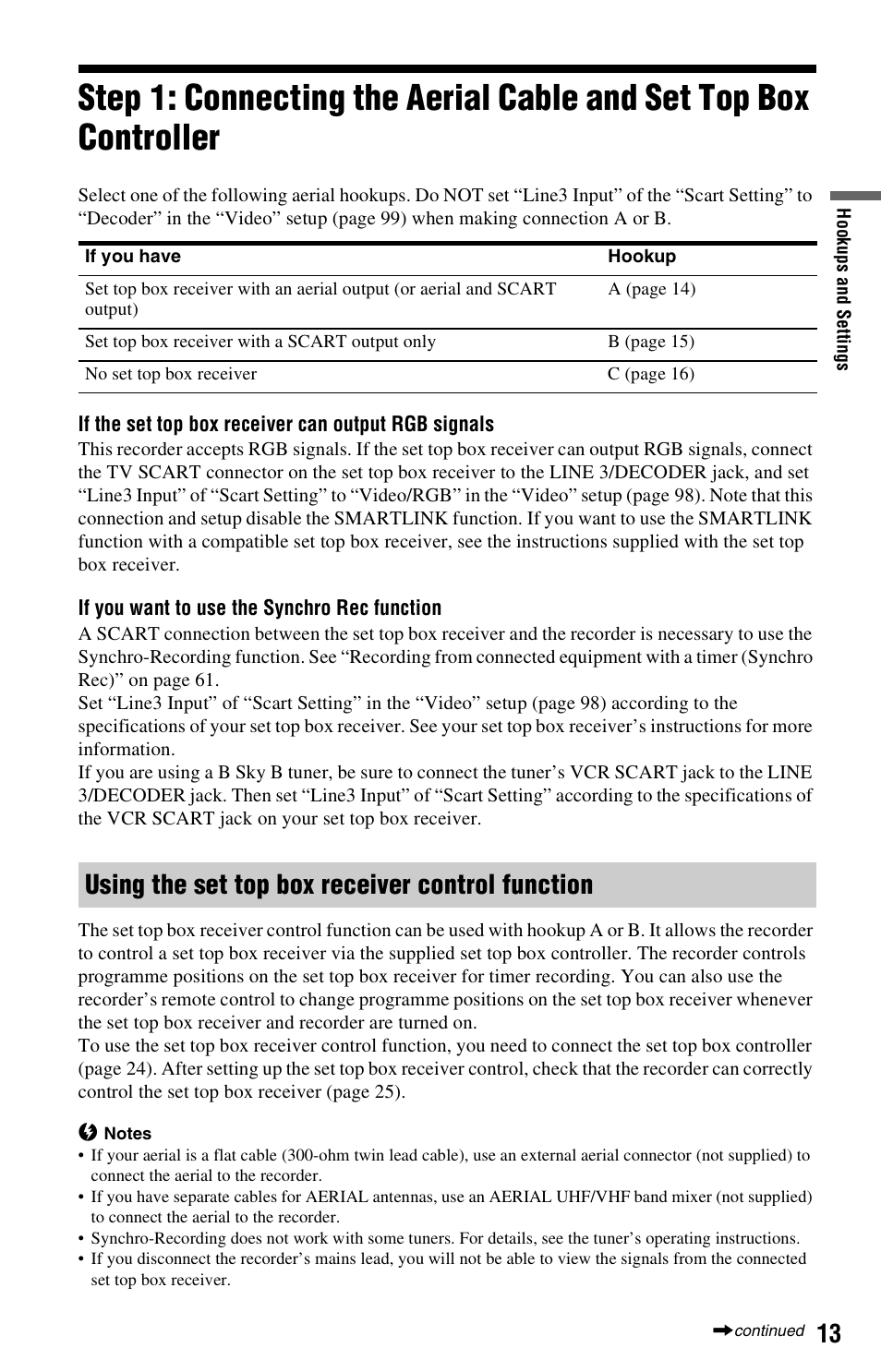 Using the set top box receiver control function | Sony RDR-HX525 User Manual | Page 13 / 124