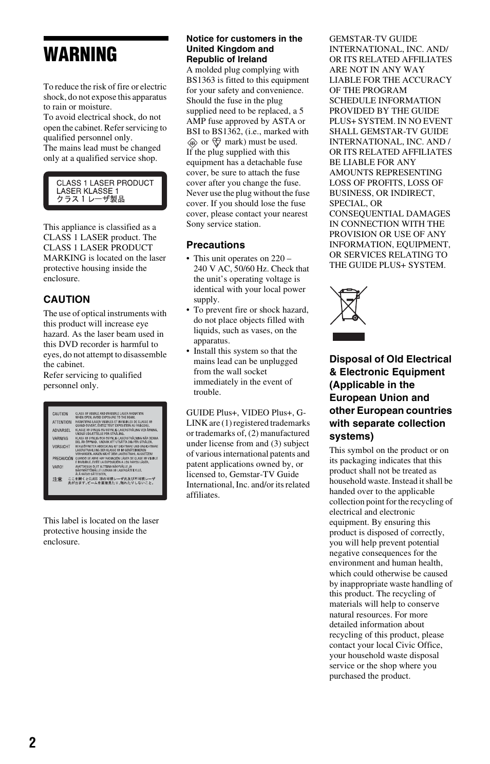 Warning | Sony RDR-HX525 User Manual | Page 2 / 124