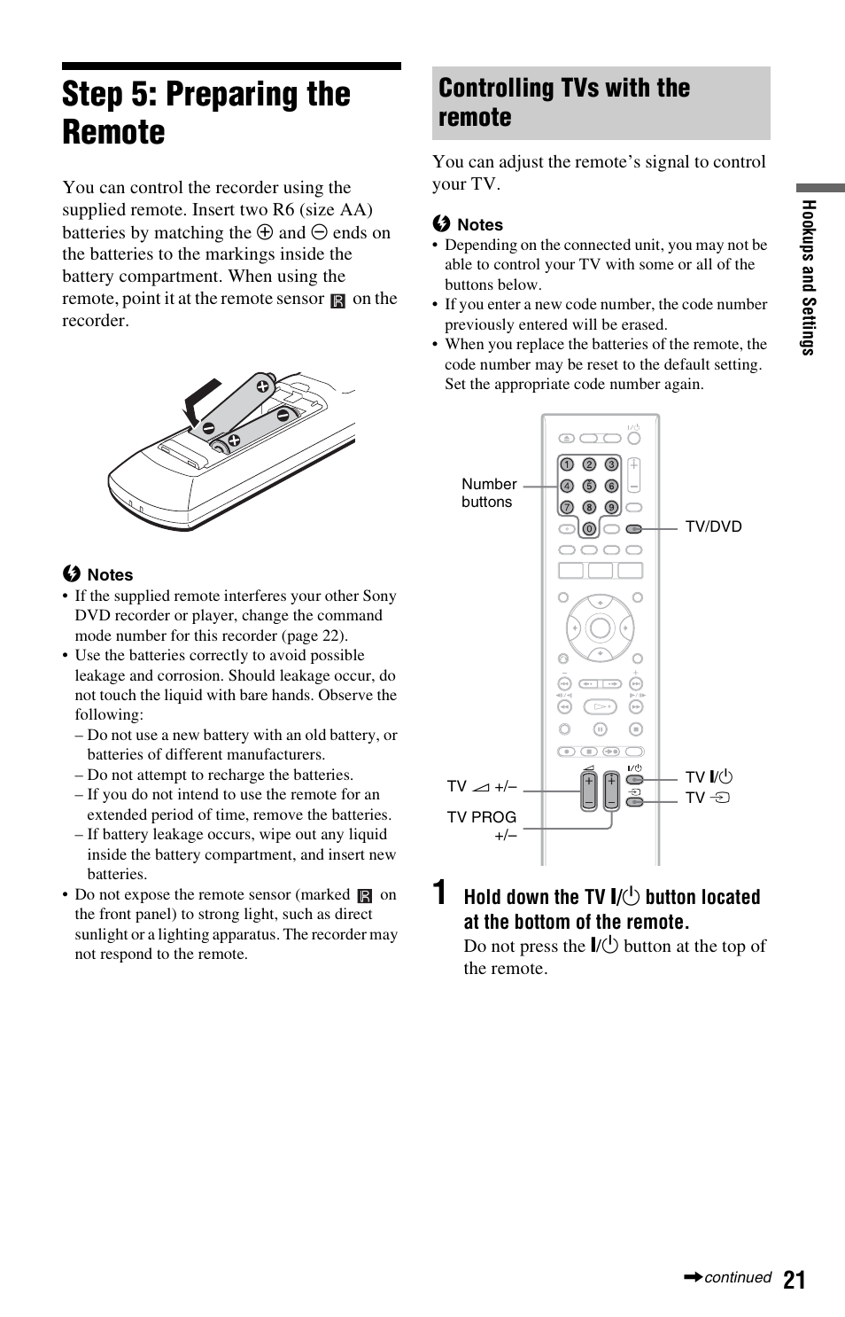 Step 5: preparing the remote, Controlling tvs with the remote | Sony RDR-HX525 User Manual | Page 21 / 124