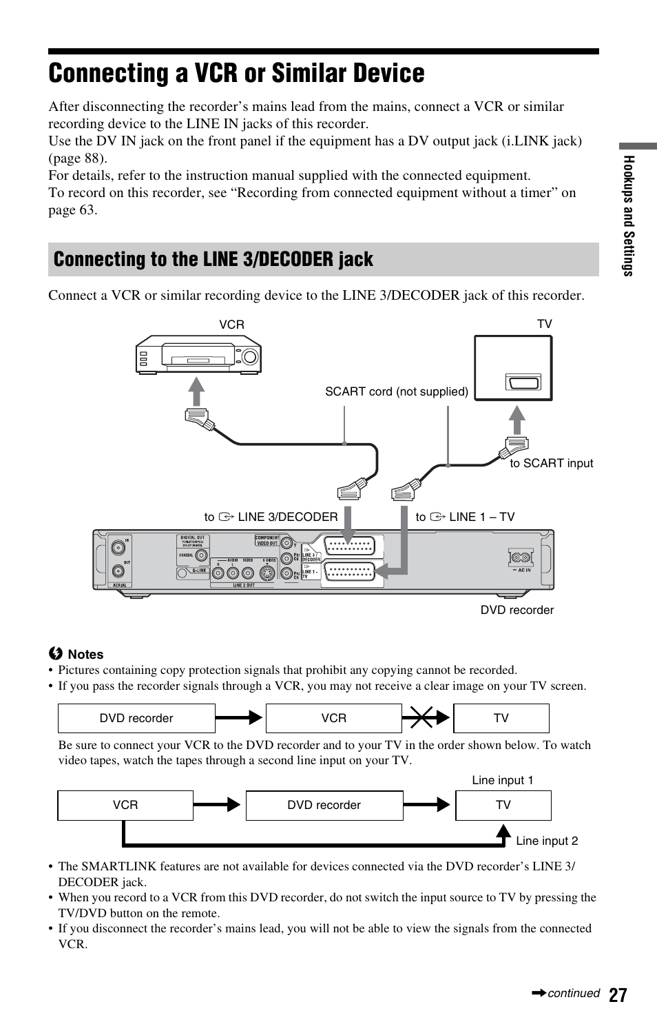 Connecting a vcr or similar device, Connecting to the line 3/decoder jack | Sony RDR-HX525 User Manual | Page 27 / 124