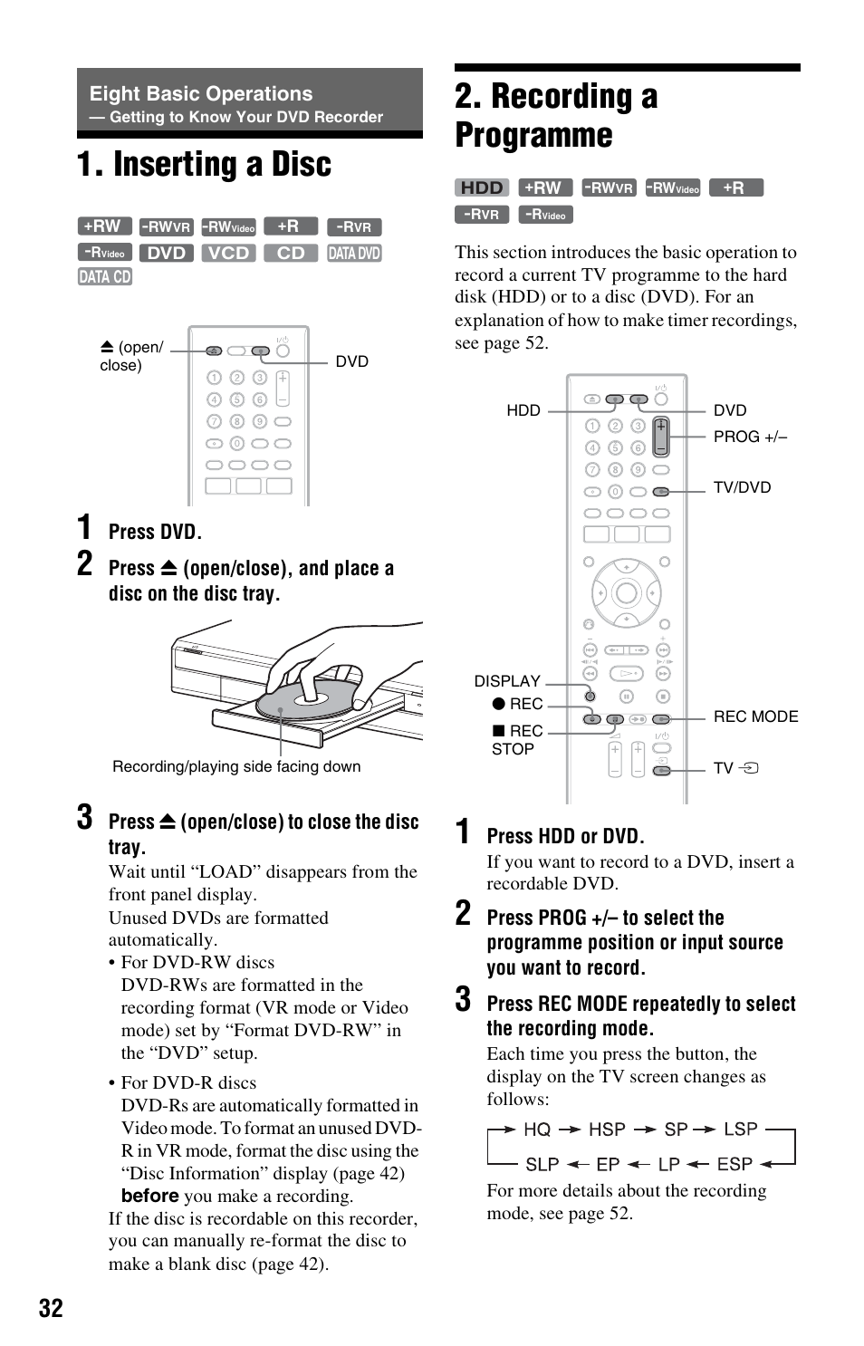 Inserting a disc, Recording a programme, Inserting a disc 2. recording a programme | Eight basic operations, Getting to know your dvd recorder, Inserting a disc 1 | Sony RDR-HX525 User Manual | Page 32 / 124