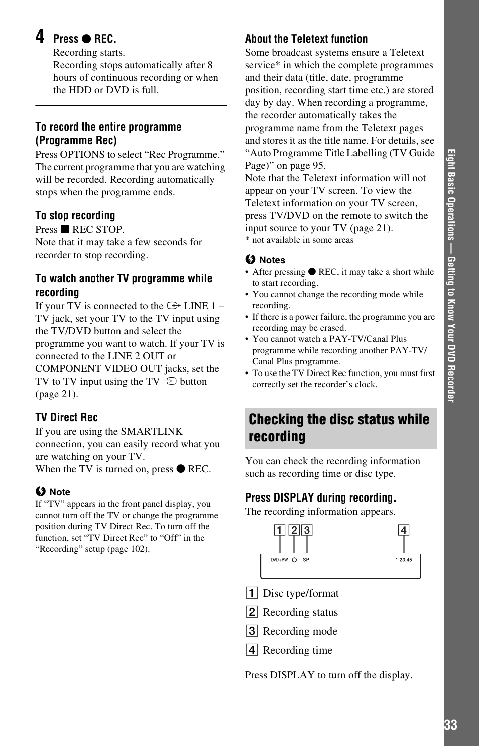 Checking the disc status while recording | Sony RDR-HX525 User Manual | Page 33 / 124