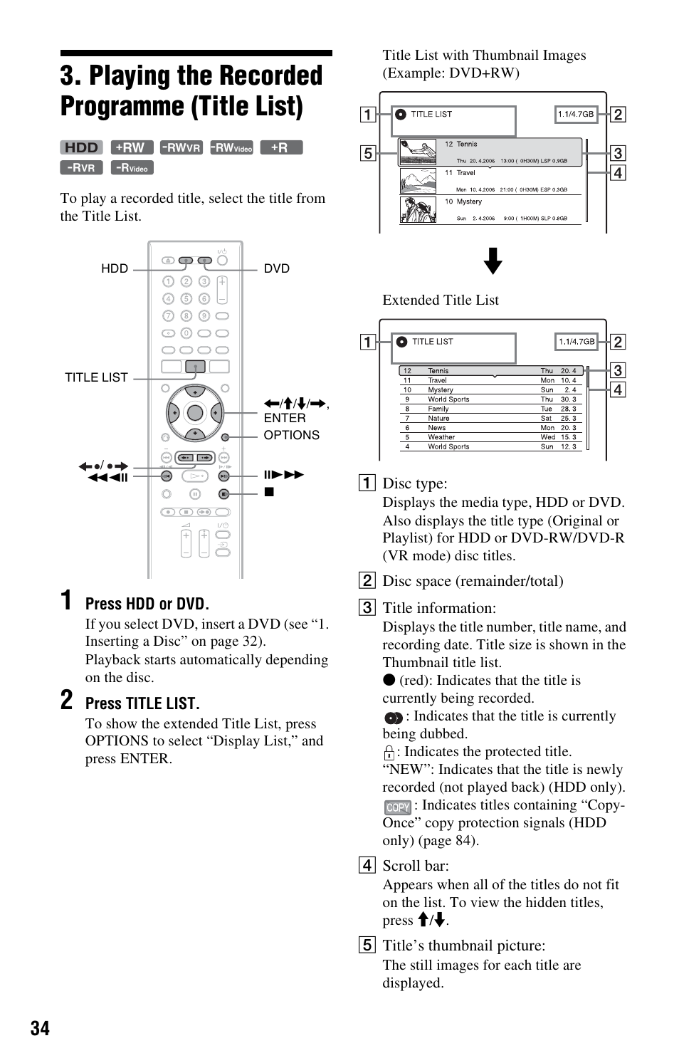 Playing the recorded programme (title list) | Sony RDR-HX525 User Manual | Page 34 / 124