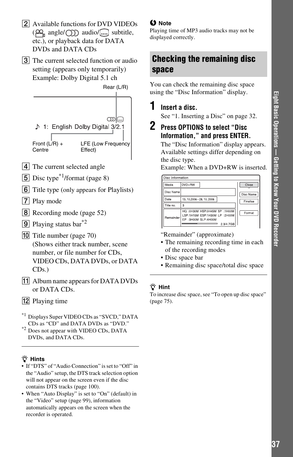 Checking the remaining disc space | Sony RDR-HX525 User Manual | Page 37 / 124