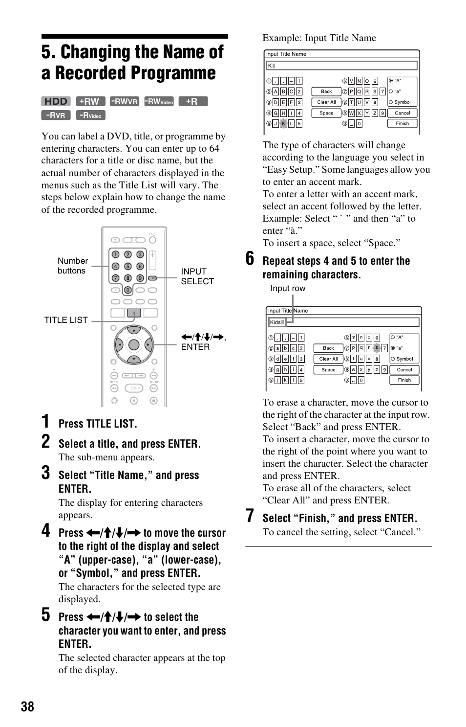 Changing the name of a recorded programme | Sony RDR-HX525 User Manual | Page 38 / 124