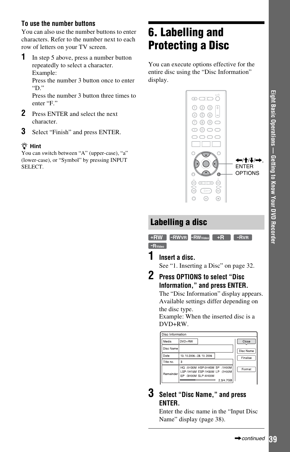 Labelling and protecting a disc, Labelling a disc | Sony RDR-HX525 User Manual | Page 39 / 124