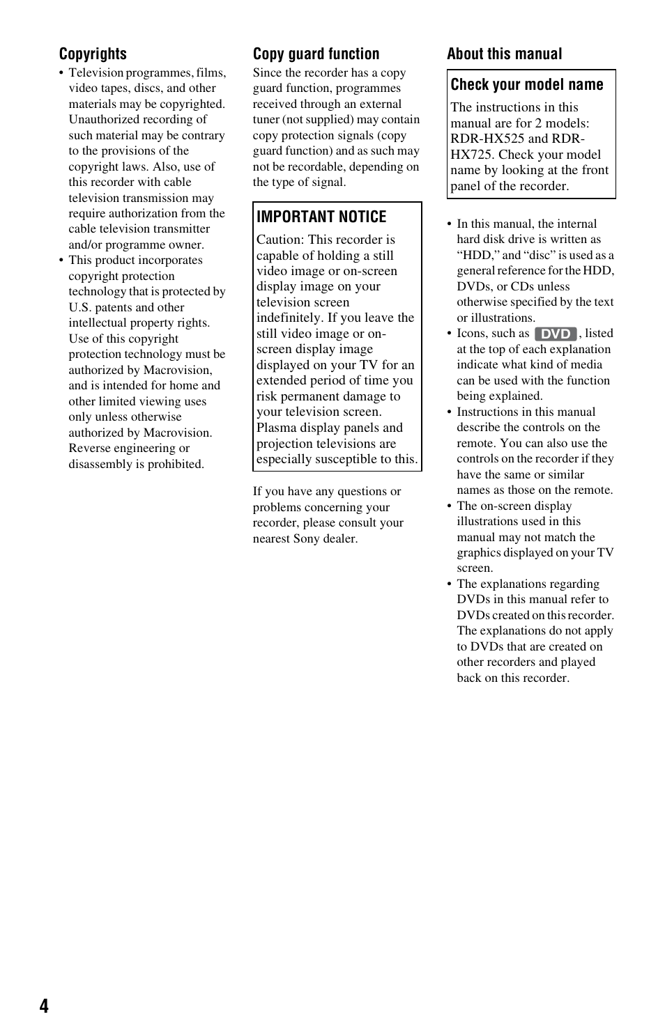 Sony RDR-HX525 User Manual | Page 4 / 124